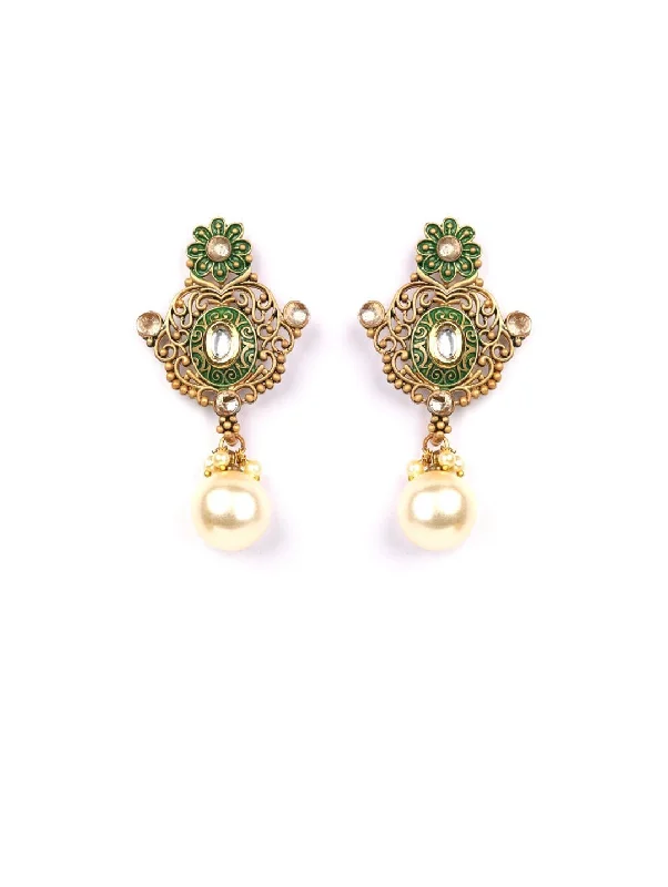 Women's Green Kundan Pearls Gold Plated Floral Drop Earring - Priyaasi