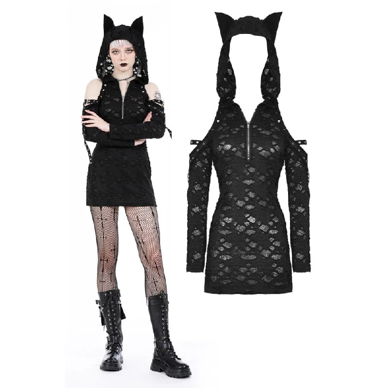 Women's Punk Off Shoulder Ripped Dress with Hood