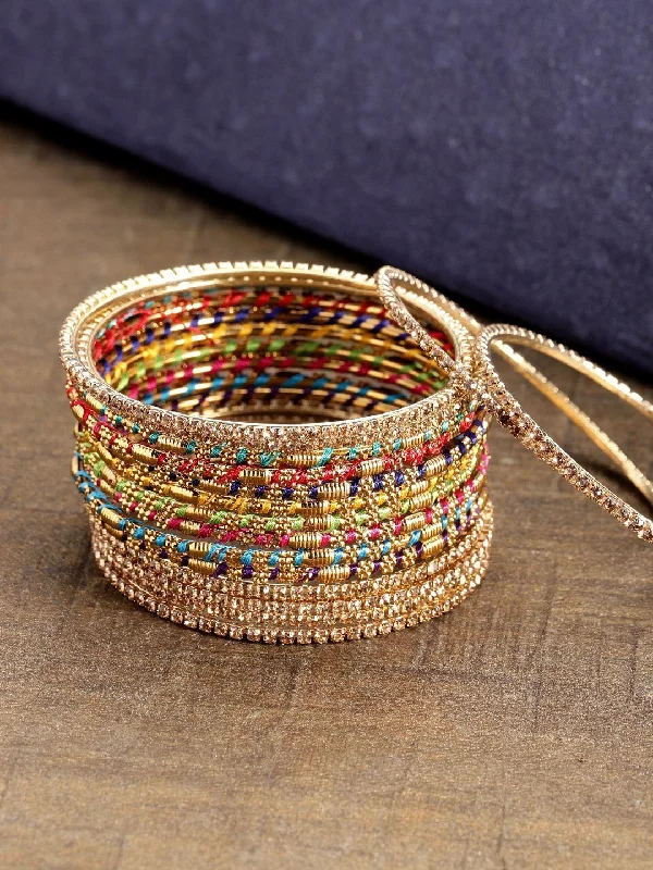 Women's Set of 16 Multicolour Thread Work and Stones Studded Bangles - Priyaasi