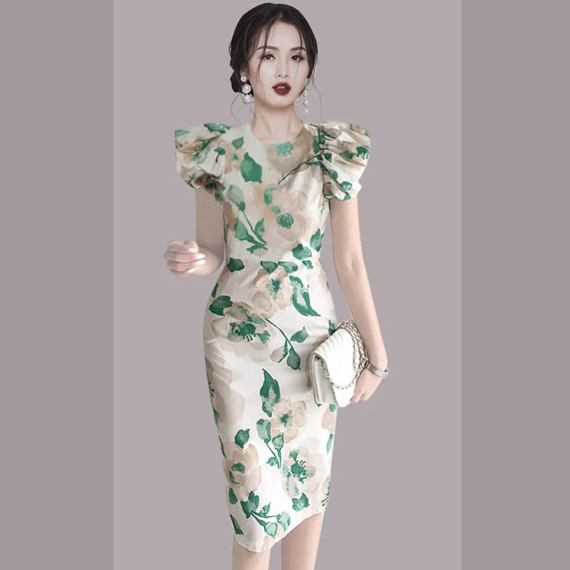 Elegant Summer Round Neck Green Leaf Women Sheath Dresses