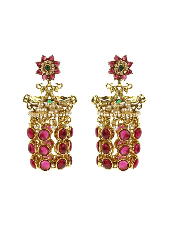 Women's Ruby studded and beaded Peacock shaped Earring - Priyaasi