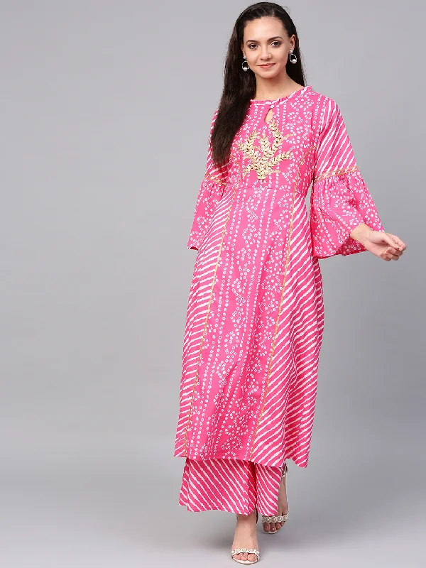 Women's  Pink & White Bandhani Print Kurta With Palazzos - Wahe-NOOR