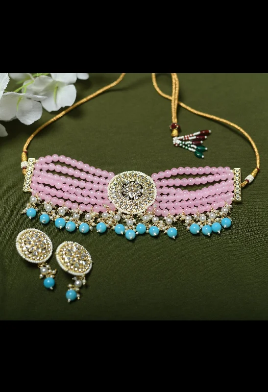 Women's pink and tuquoise colour beads with kundan nacklace -Tehzeeb