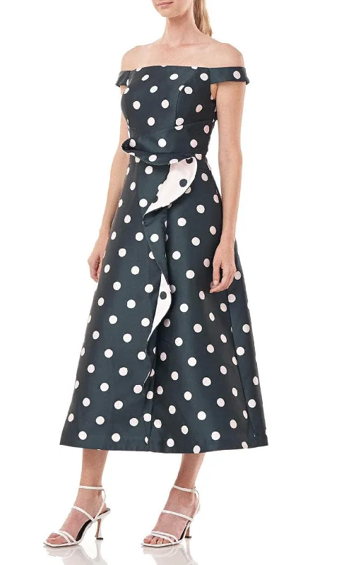 Kay Unger 5517419 - Off-Shoulder Polka Dot Printed Tea-Length Dress