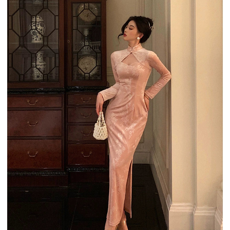 velvet cheongsam dress pink mermaid dress      S5552