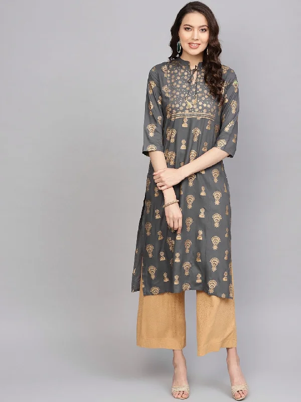 Women's Charcoal Grey & Golden Foil Print Straight Kurta - Anubhutee