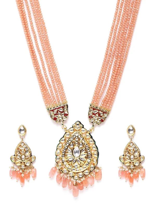 Women's Peach Beads Kundan Stones Ranihar Jewellery Set - Priyaasi