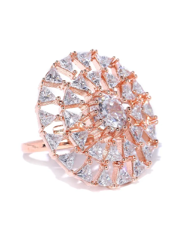 Women's Rose Gold-Plated American Diamond Studded Adjustable Ring in Geometric Pattern - Priyaasi