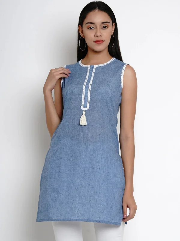 Women's  Blue & White Lace Detailing Straight Kurti - Wahe-NOOR