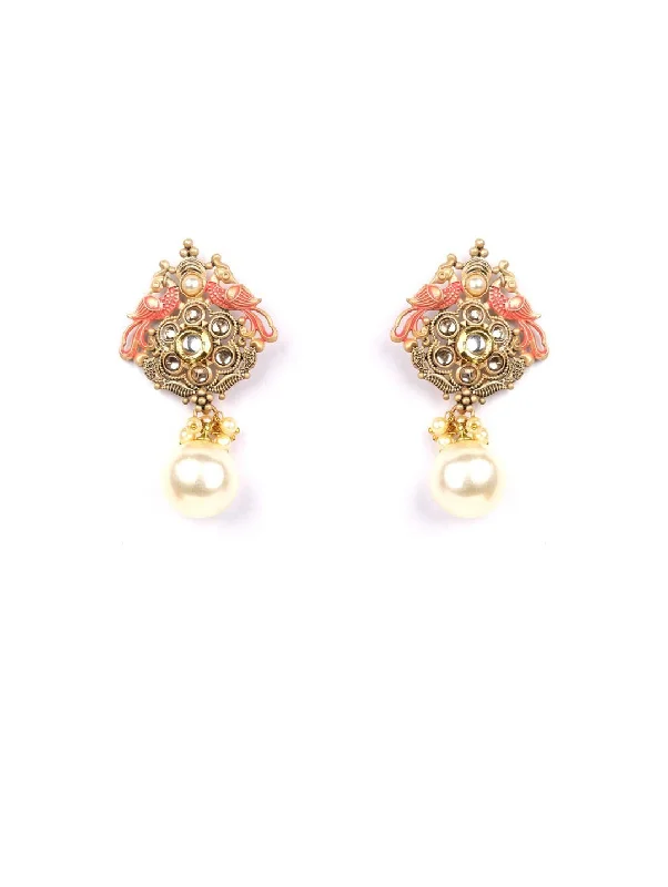 Women's Pink Kundan Pearls Gold Plated Peacock Drop Earring - Priyaasi