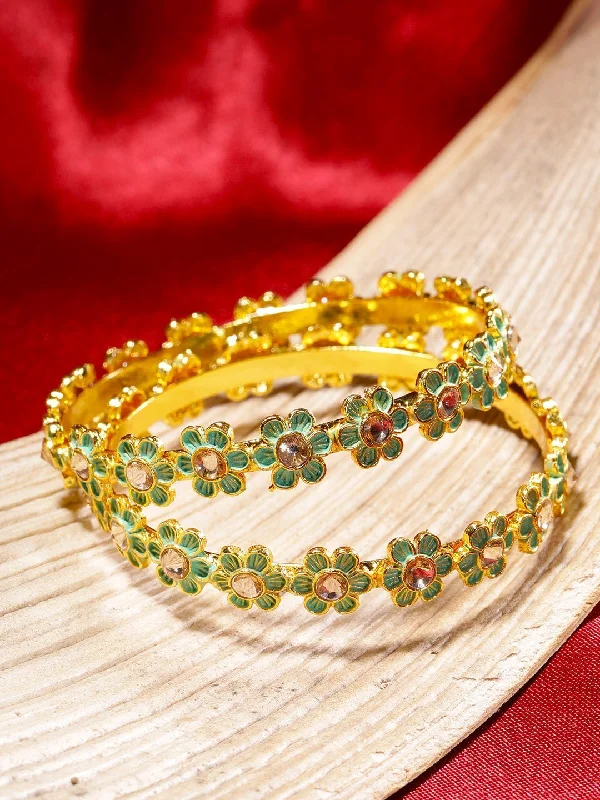 Women's Set of 2 Gold-Plated Stones Studded, Green Meenakari Bangles in Floral Pattern - Priyaasi