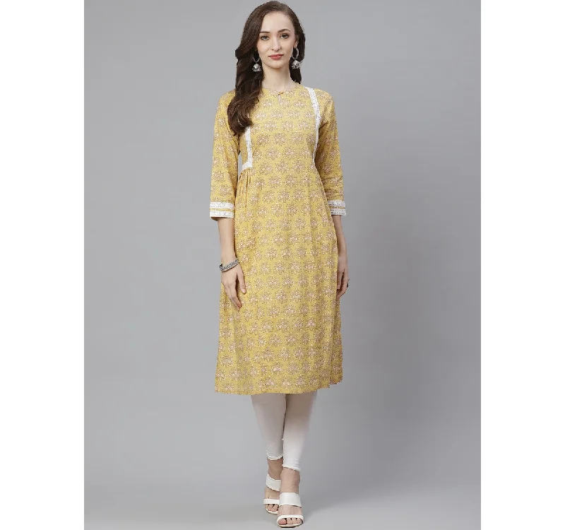 Women's  Yellow & Beige Ethnic Print A-Line Kurta - Wahe-NOOR