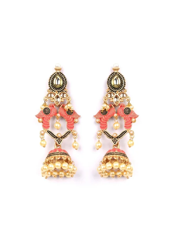 Women's Pink Black Kundan Pearls Gold Plated Peacock Jhumka - Priyaasi