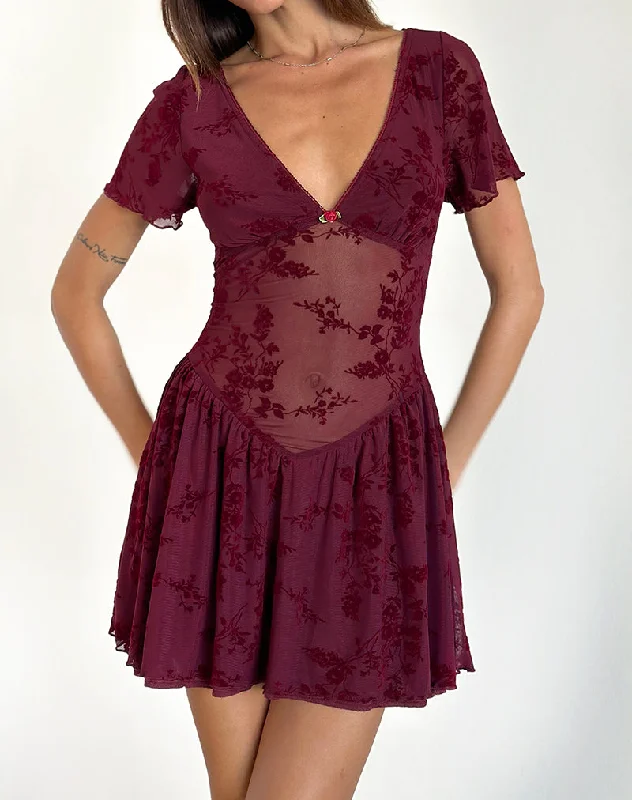 Geni Mini Dress in Botanical Flower Maroon