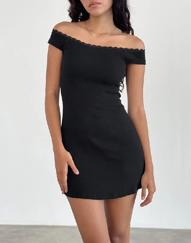 Chana Off Shoulder Mini Dress in Black Rib with Lace Trim