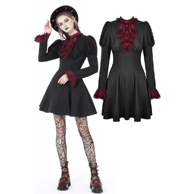 Women's Gothic Puff Sleeved Frilly Necktie Dress