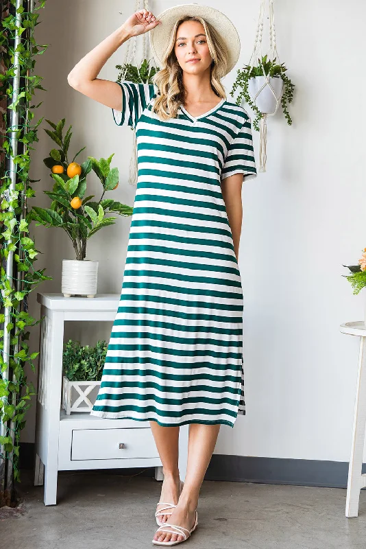 Striped V-Neck Short Sleeve Side Slit Dress