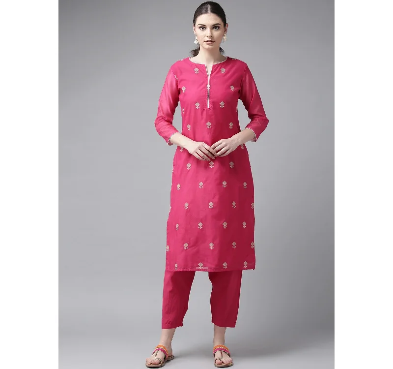 Women's  Pink & Cream-Coloured Embroidered Kurta With Trousers - Wahe-NOOR