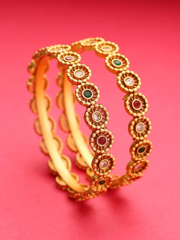 Women's Set Of 2 Gold-Plated Multicolored Stones Studded Bangles in Floral Pattern - Priyaasi