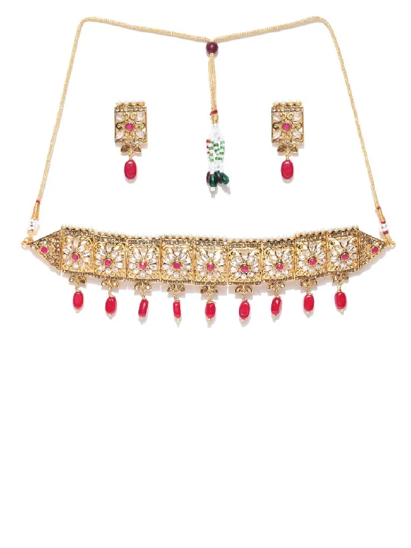 Women's Kundan Ruby Gold Plated Square Choker - Priyaasi