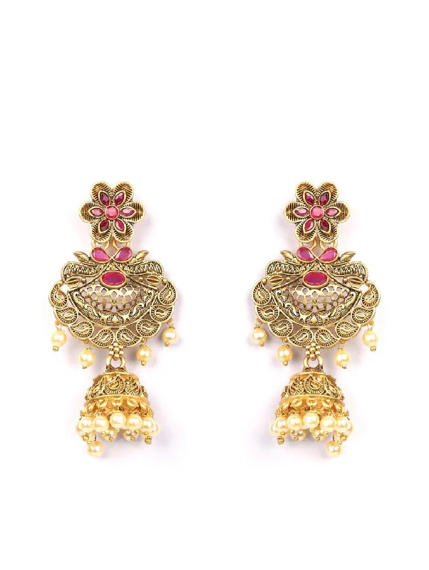 Women's Ruby Beads Gold Plated Floral Jhumka Earring - Priyaasi