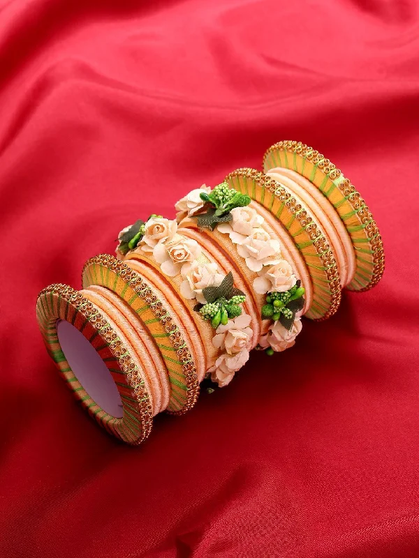 Women's Set Of 18 Floral Handcrafted Silk Threaded Bangles For Mehandi in Peach And Green Color - Priyaasi