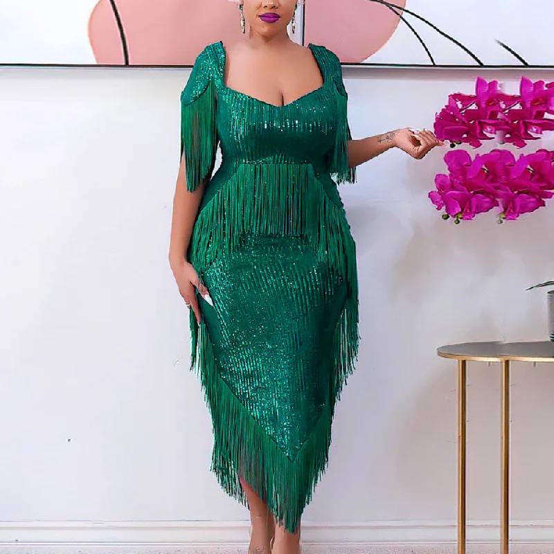 Green Tassels Design Irregular Party Dresses