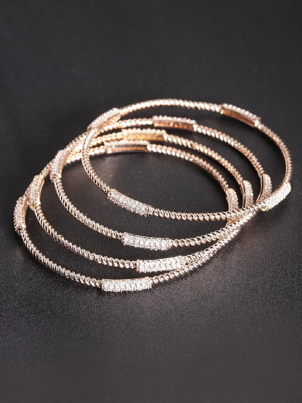 Women's Set Of 4 Rose Gold Plated CZ Stone Studded Sleek Bangles For Women And Girls - Priyaasi