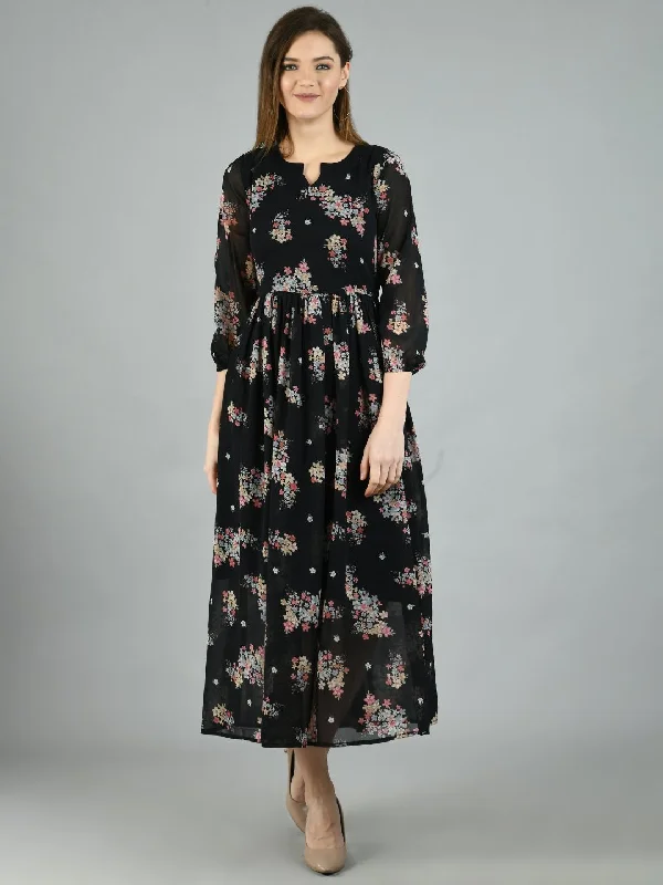 Women's Black Georgette Printed 3/4 Sleeve Round Neck Casual Dress - Myshka