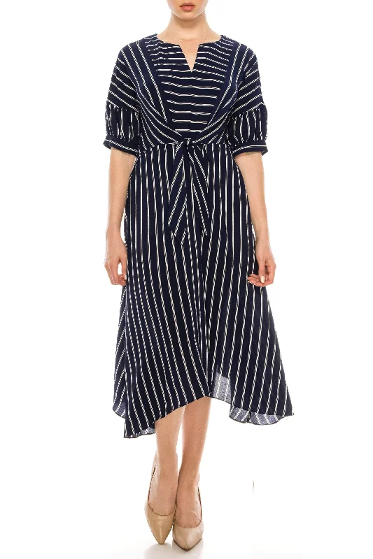 London Times T5696M - Short Puff Sleeves V-Neck Tea-Length Dress