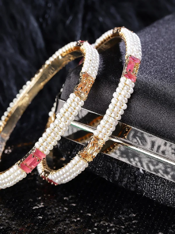 Women's Set Of 2 Gold-Plated Pearls and Stones Studded Bangles in Pink and White Color - Priyaasi