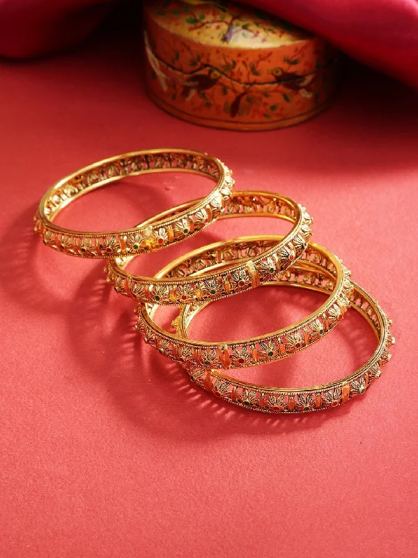 Women's Set of 4 Gold-Plated Red & Green Stones Studded Floral Jali work Bangles - Priyaasi