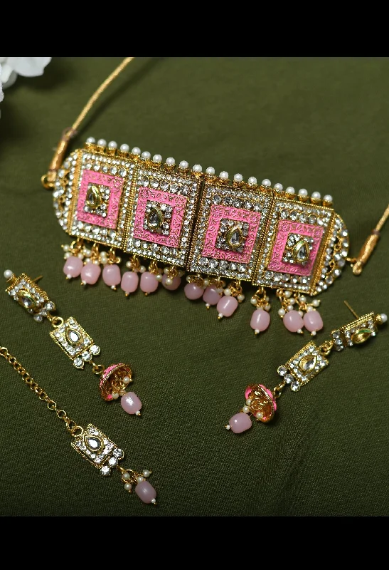 Women's pink and gold colour brass material with stone and beads nacklace -Tehzeeb