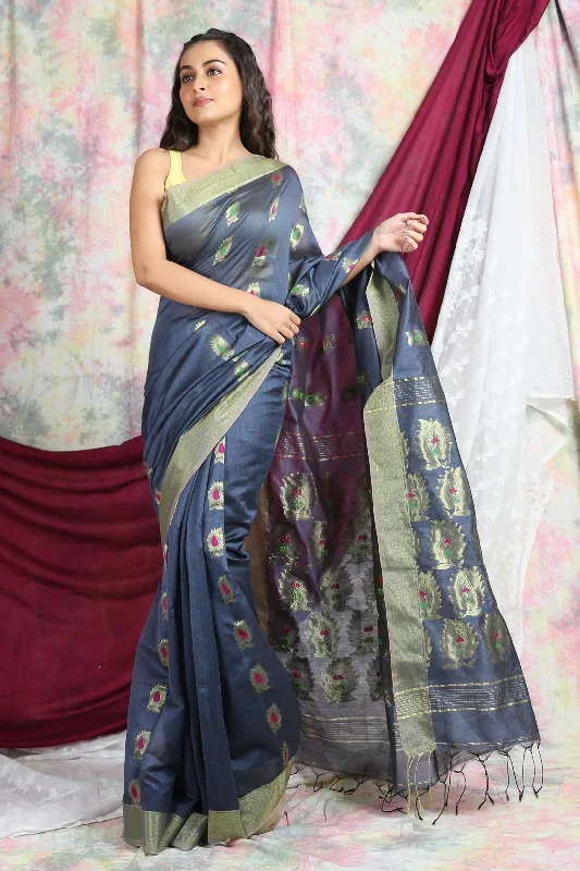 Women's Grey Handloom Saree With Zari Weaving - Arhi