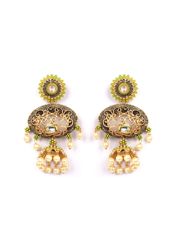 Women's Green Kundan Beads Gold Plated Jhumka Earring - Priyaasi