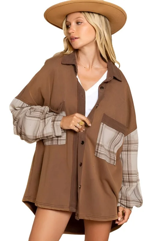 Long Sleeve with Plaid Detail Sleeve Shacket