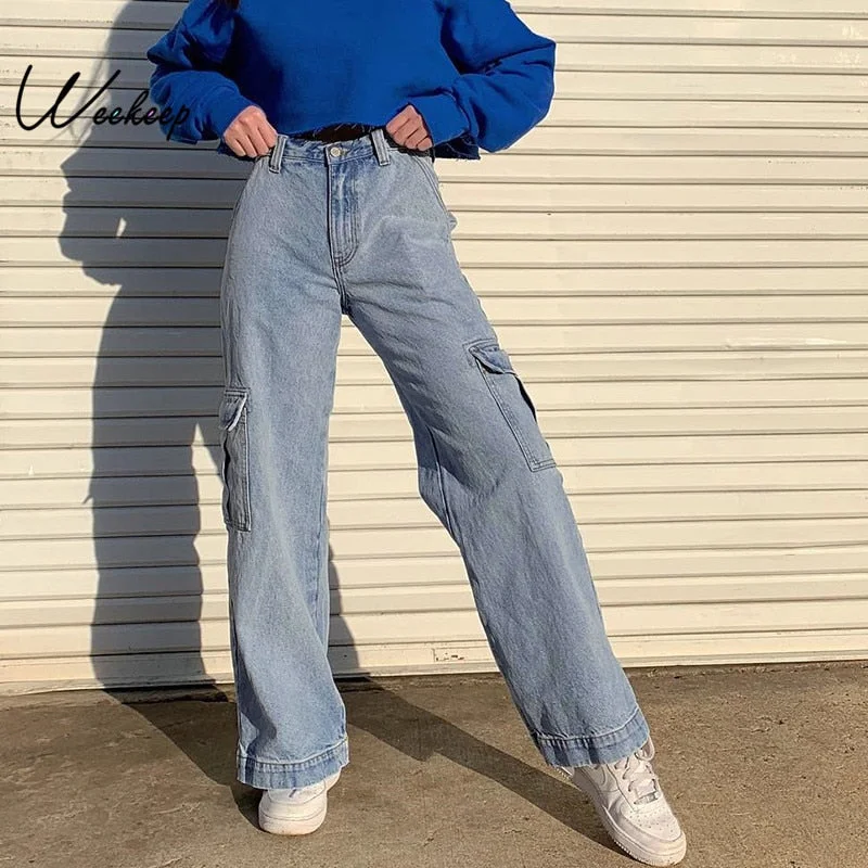 Women Jeans - Pockets Patchwork High Waist Jeans Women Street wear Straight Jean Femme Blue 100% Cotton Cargo Pants