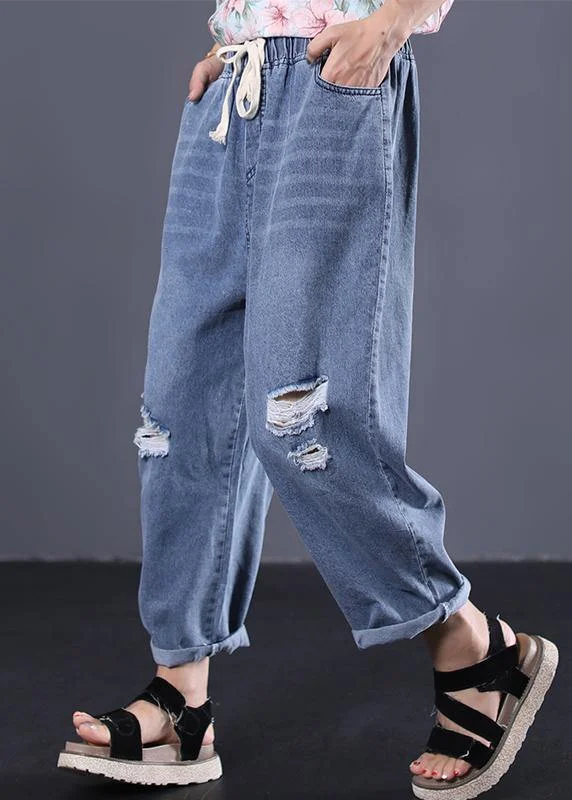 2024 new denim blue plus size pants elastic waist drawstring ripped Jeans