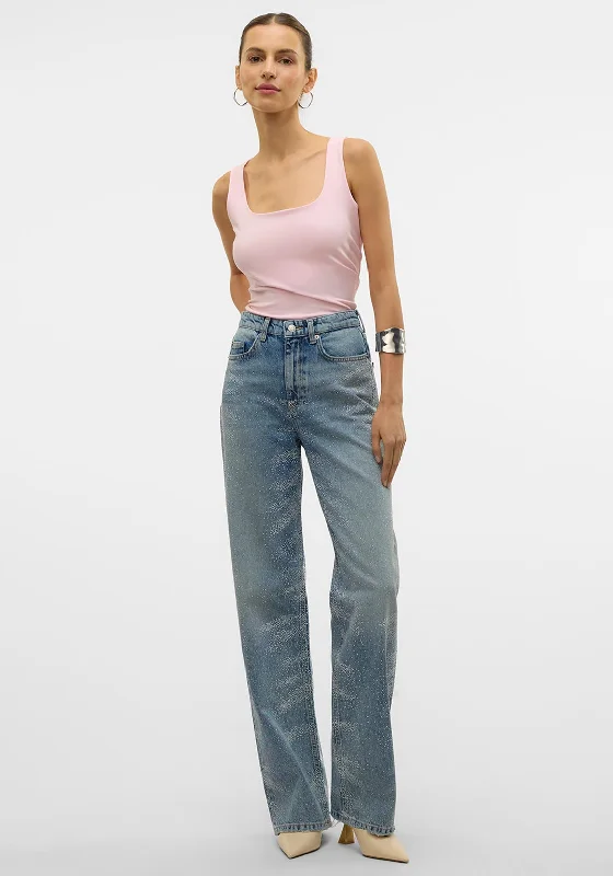 Vero Moda Tessa Embellished High Rise Jeans, Light Blue