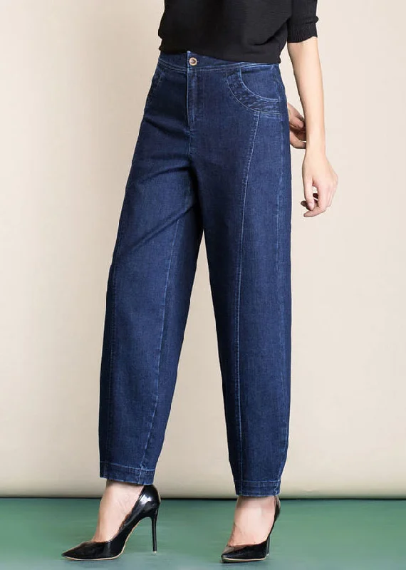 Navy Pockets Patchwork Cotton Denim Harem Pants High Waist Spring