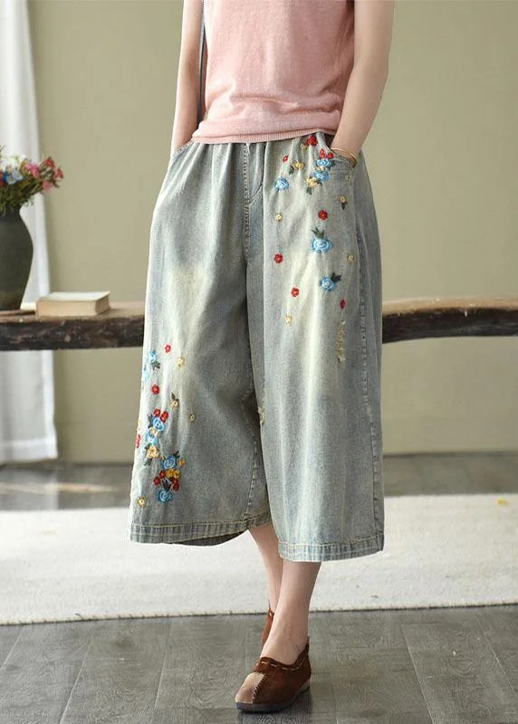 Comfy Grey Embroideried Wide Leg denim Pants For Women