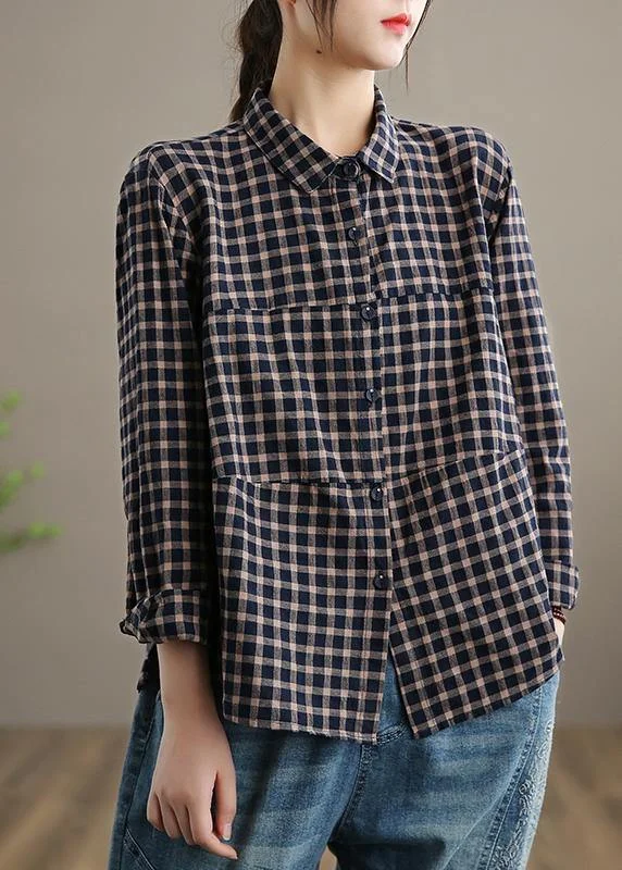 Bohemian Blue Plaid Top Silhouette Lapel Patchwork Short Spring Tops