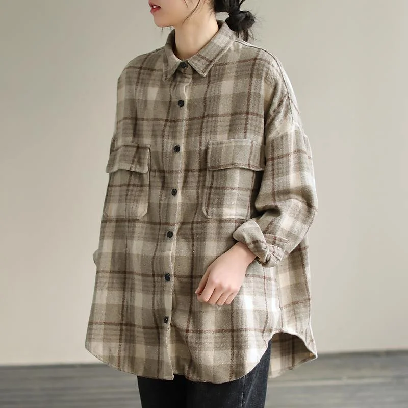 Bohemian Lapel Patchwork Spring Tunic Pattern Design Khaik Plaid Shirt