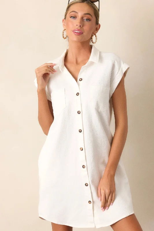 Stop & Stare White Denim Button Front Mini Dress