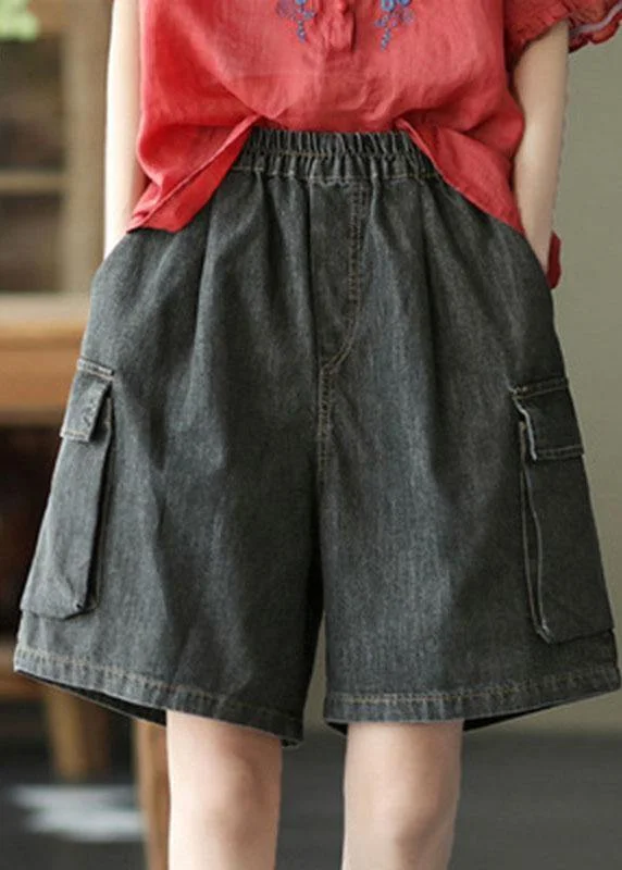 Simple Black Pockets Wide Leg Summer Denim Hot Pants