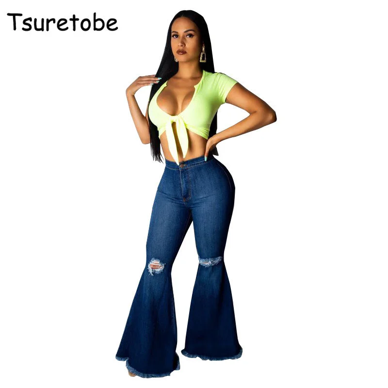 Tsuretobe Fashion Denim Flare Pants Women Retro Ripped Jeans Wide Leg Trousers Lady Casual Bell-Bottoms Flare Pant Female