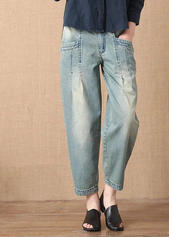 Bohemian Light Blue Button Pockets Casual Harem Fall Denim Pants