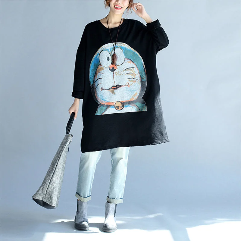 cartoon print black cotton mid long t shirt plus size o neck tops