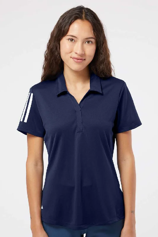 Adidas Womens Floating 3 UPF 50+ Stripes Short Sleeve Polo Shirt - Team Navy Blue/White