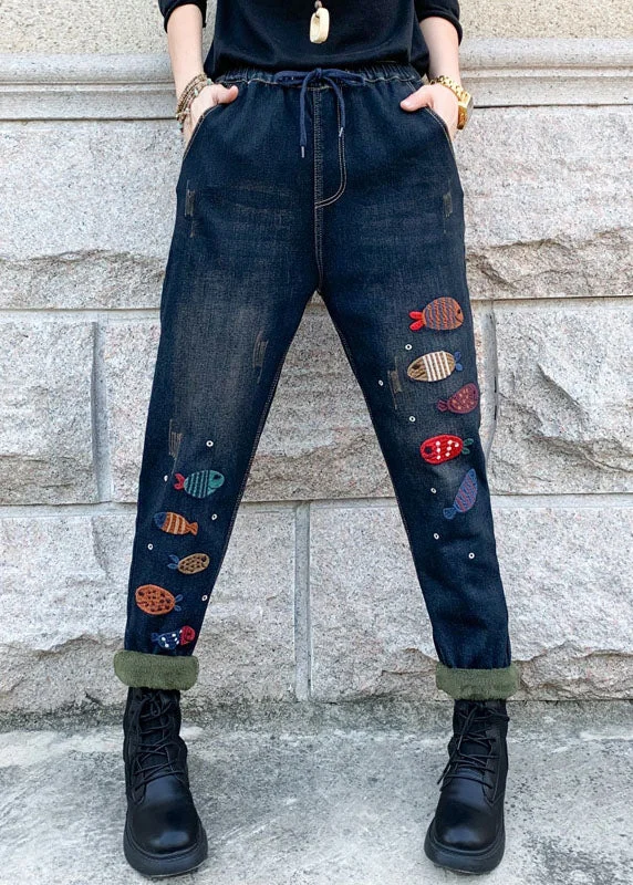 Boho Blue Embroideried elastic waist denim Pants Winter